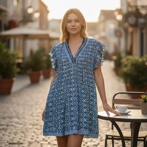 Goa Beachwear by Japna Blue Geometric Fringe V-Neck Tunic Top XL